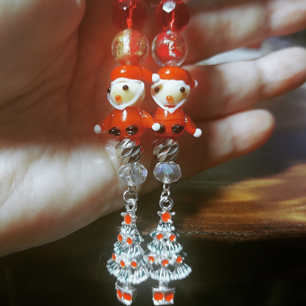 Handmade Festive Crystal Santa and Christmas Tree Earrings
